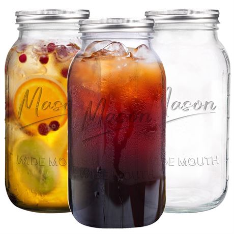 64 oz Mason Jar Wide Mouth,3 Pack Large Half Gallon Mason Jars with Airtight