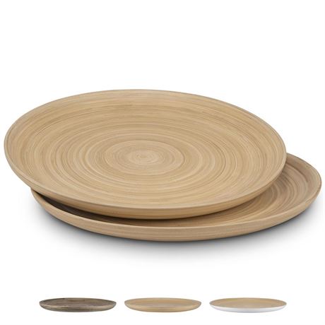 LEXA 12" Handcrafted 2PCs Bamboo Round Wooden Serving Tray For Serving Food -