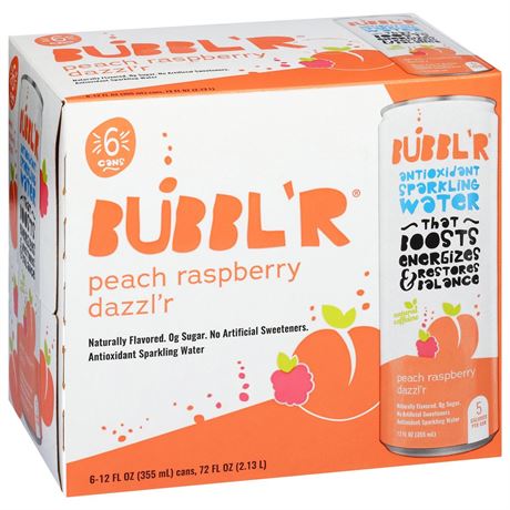 BUBBL'R Antioxidant Sparkling Water, Peach Raspberry Dazzl'r, 12 fl oz, 6 Pack