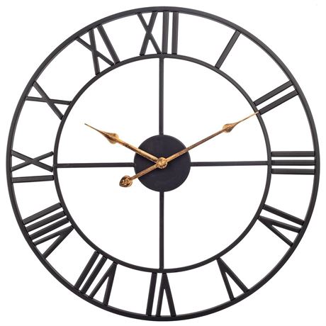 Large 30 Inch Industrial Decorative Roman Numeral Wall Clock, Black Metal,