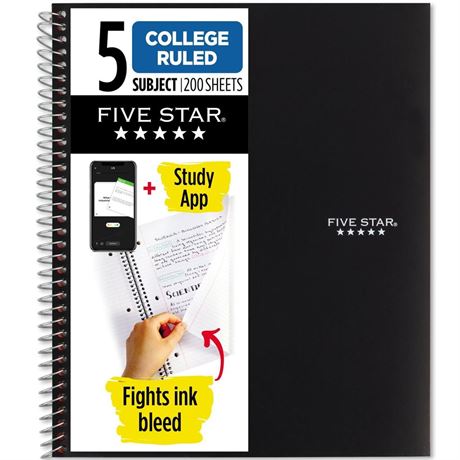 Five Star Spiral Notebook + Study App, 5 Subject, College Ruled Paper, Fights