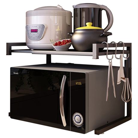 PUSDON Adjustable Carbon Steel Microwave Oven Rack, 2-Tier with 3 Hooks, 55lbs