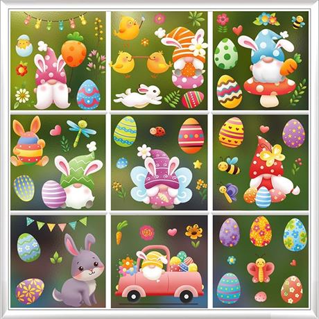 9 Sheets Easter Stickers,66 PCS Easter Gnome Window Clings, Happy Easter Bunny