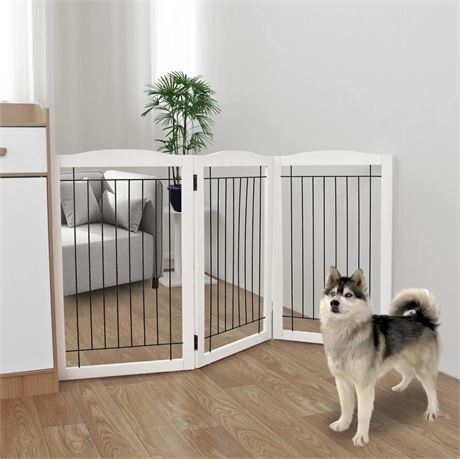 ZJSF Freestanding Foldable Dog Gate for House Extra Wide Wooden White Puppy