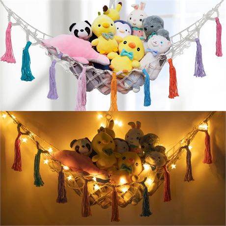 HAUTOCO Stuffed Animal Net or Hammock with LED Light Corner Hanging Net for