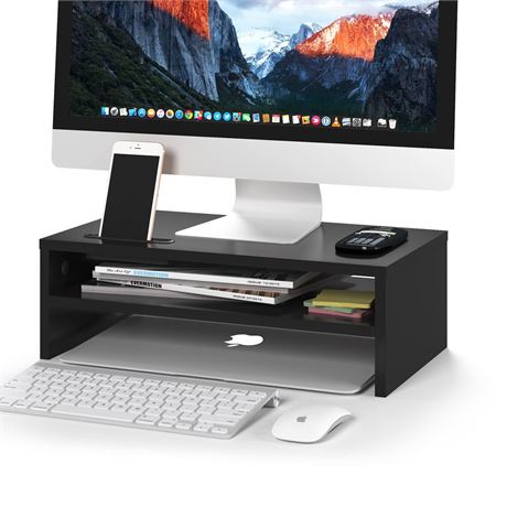 BONTEC Wooden Monitor Stand Riser, 2-Tier Desk Shelf with Storage Organizer,