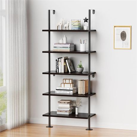 Ladder Shelf Bookcase 5 Tier, Extra Sturdy Modern Bookshelf Wall Mounted, Tall
