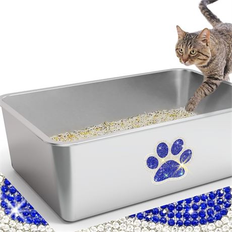 Stainless Steel Cat Litter Box High Side, XL Metal Litter Pan with Bling Paw,