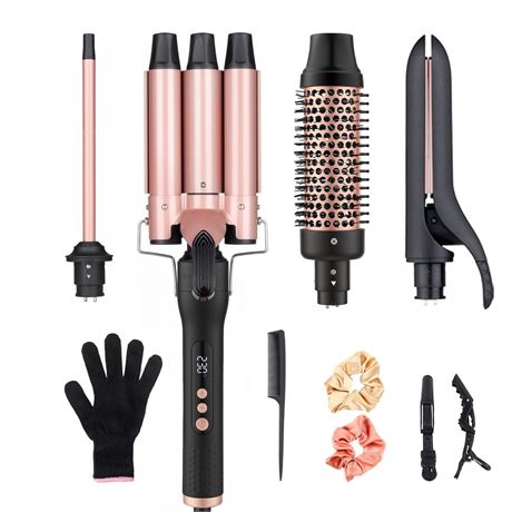 4 in 1 Curling Iron Three Barrel Curling Wand Set with Heated Round Brush Flat