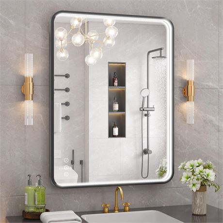 24x32 Inch LED Bathroom Mirror with Lights, Black Metal Framed LED Mirror for