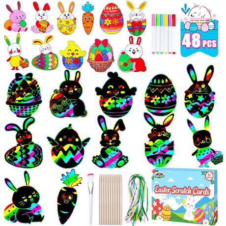 Max Fun Easter Crafts Kit Rainbow Color Scratch Paper Easter Ornaments (48