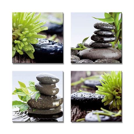 Zen Bathroom Decor Meditation Canvas Wall Art, Water Stone and Green Plants