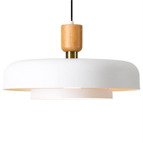 Modern Large Pendant Light 19.68 inch, 2 Tiers Matte White Shade, Natural Wood