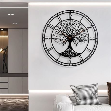 Tree of Life Wall Clock,Metal Black Large Wall Clock, 24inch Oversized Wall