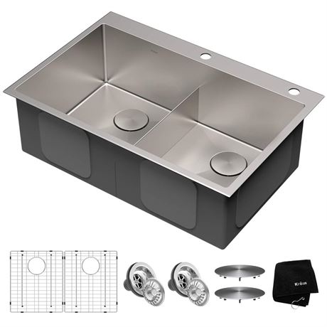 Undermount 16 Gauge Double Bowl 2-Hole Stainless Steel Kitchen Sink, KHT302-33