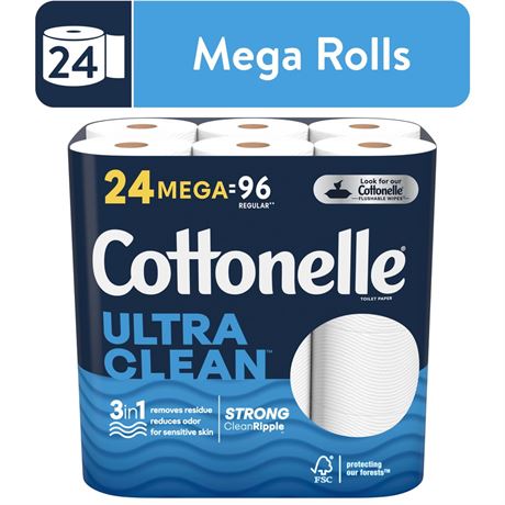 Cottonelle Ultra Clean Toilet Paper, 24 Mega Rolls, 312 Sheets per Roll (7,488