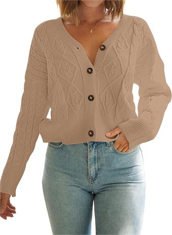 MEROKEETY Women's Long Sleeve Open Front Cable Knit Crop Cardigans V Neck