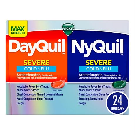 Vicks DayQuil NyQuil Severe Cough, Cold & Flu Relief LiquiCaps, 24 Ct (3PACK)