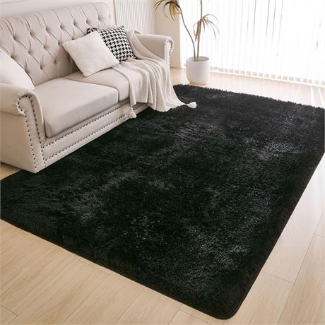 Fluffy  Shag Area Rug, Washable Black Large Rug for Living Room and Bedroom,