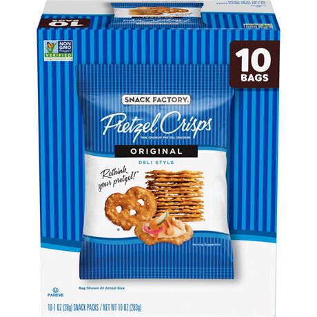 Snack Factory Pretzel Crisps, Original, 1 oz Snack Bags, 10 Ct