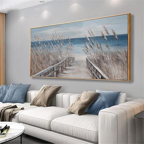 Wall Art Decor Canvas Print Painting Reed And Blue Coast Landscape Picture