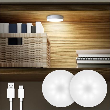 Rechargeable Puck Lights 2 Pack, Dimmable Touch Light Stick on for Closet,