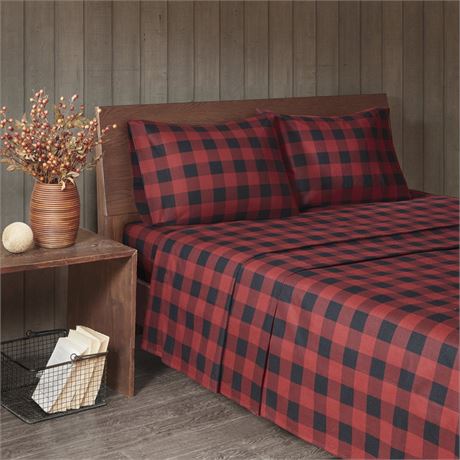 Woolrich Cotton Flannel Red Buffalo Check 4 Piece Sheet Set, Queen