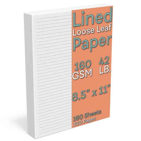 Lined Loose Leaf Paper, 160 GSM Thickness, 160 Sheets/320 Pages, Letter Size