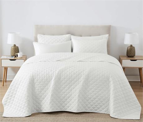 Solid Oversized Percale Cotton White Full/Queen 3 Piece Quilt Set