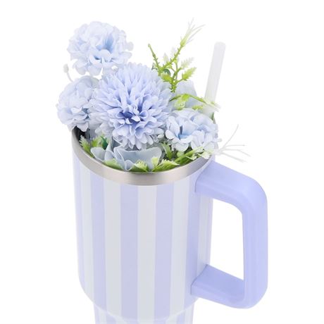 Striped Tumbler with Straw and Artificial Flower Gift Set, Blue, 40 oz,