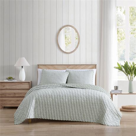 Willow Way Ticking Stripe 3-Piece Sage Green Cotton King Quilt Set
