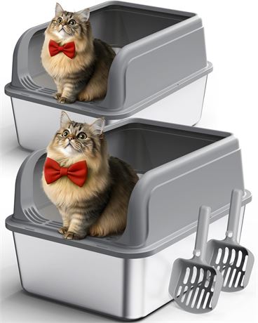 Powools Stainless Steel Cat Litter Box, Metal Litter Box with Scoop, High-