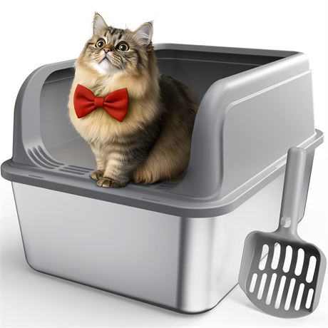 Stainless Steel Cat Litter Box, Metal Kitty Litter Box with Scoop, Anti-Leakage