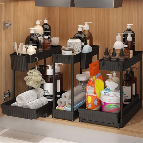 3 Pack Under Sink Organizers and Storage L-Shaped, 2 Tier Sliding Bathroom