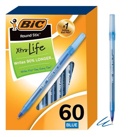 BIC Round Stic Xtra Life Blue Ballpoint Pens, Medium Point (1.0mm), 60-Count