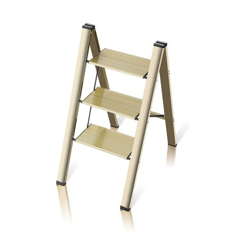 flygeneral 3 Step Ladder, Gold Aluminum Folding Ladder Stool, Wider Upgraded