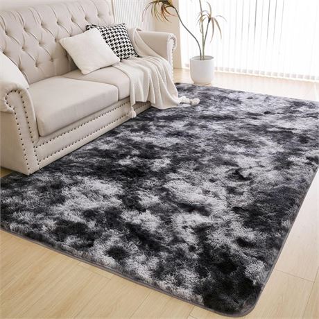 Fluffy Shag Area Rug, Washable Tie-Dyed Dark Grey Large Rug for Living Room and