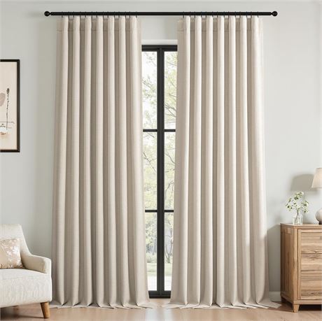 Topfinel Flax Linen 90 Inch Long Drapery 2 Panels Blackout Cream Oatmeal