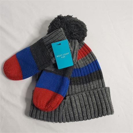 West Loop Kids One Size Winter Hat & Glove Set Gray Blue Red Stripe Neutral New