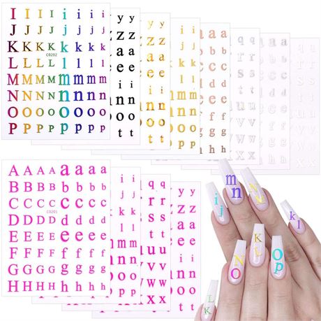 OIIKI 12 Sheets Letters Nail Stickers, 3D Holographic Nail Letter Stickers,