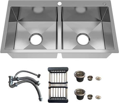 Kitchen Sink 31.5"x 17.7"x 8.7"Drop in Stainless Sink,50/50 Double Bowls