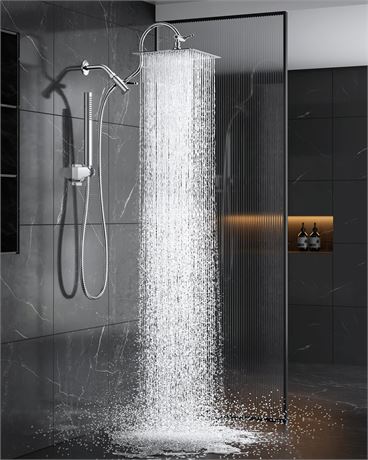 All Metal Dual Shower Heads Combo with Curved Extension Arm, 10" Rain Shower