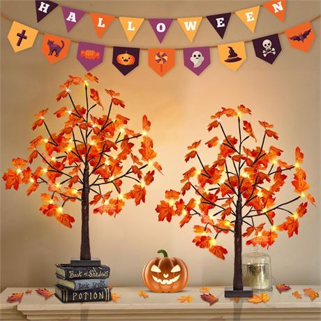 2Pack 2FT 50LED Artificial Lighted Maple Tree,Timer Function Prelit Fall Decor