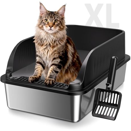 Extra Large Stainless Steel Litter Box with Lid, XL Odor Free Metal Litter Box