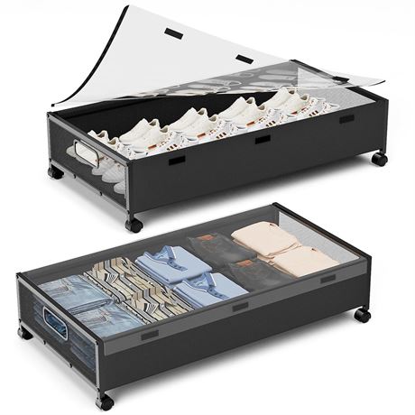 KITHELP Under Bed Storage Containers with Wheels, 2 Pack Underbed Shoe Storage