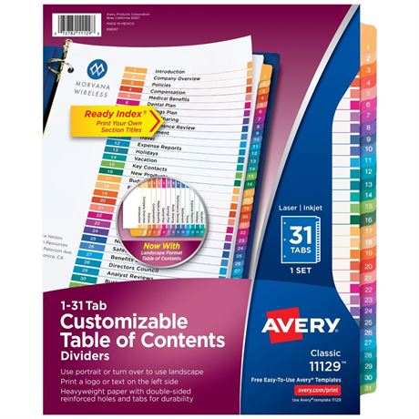 Avery 1-31 Tab Dividers for 3 Ring Binders, Customizable Table of Contents,