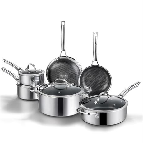 SNOWCLAD Pots and Pans Set Non Stick, 10 Pcs Hybrid Stainless Steel Cookware