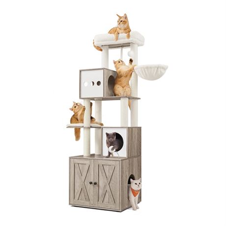Feandrea Cat Tree with Litter Box Enclosure, 70.1-Inch Tall Cat Tower, 2-in-1
