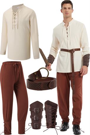 5 Pcs Halloween Men's Renaissance Costume Medieval Pirate Shirt and Pants