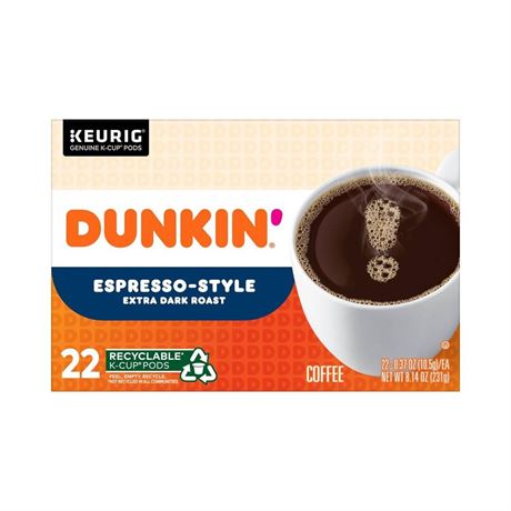 Dunkin Espresso-Style  Extra Dark Roast  K-Cup Pods  22 Count Box